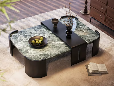 Modern Coffee Table with Marble Top Black Frame Fruit Plate Vase Open Book on Rug 3d model