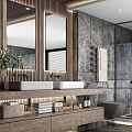 Modern Bathroom Interior With Double Sink Vanity Wooden Accents Marble Walls And Glass Shower