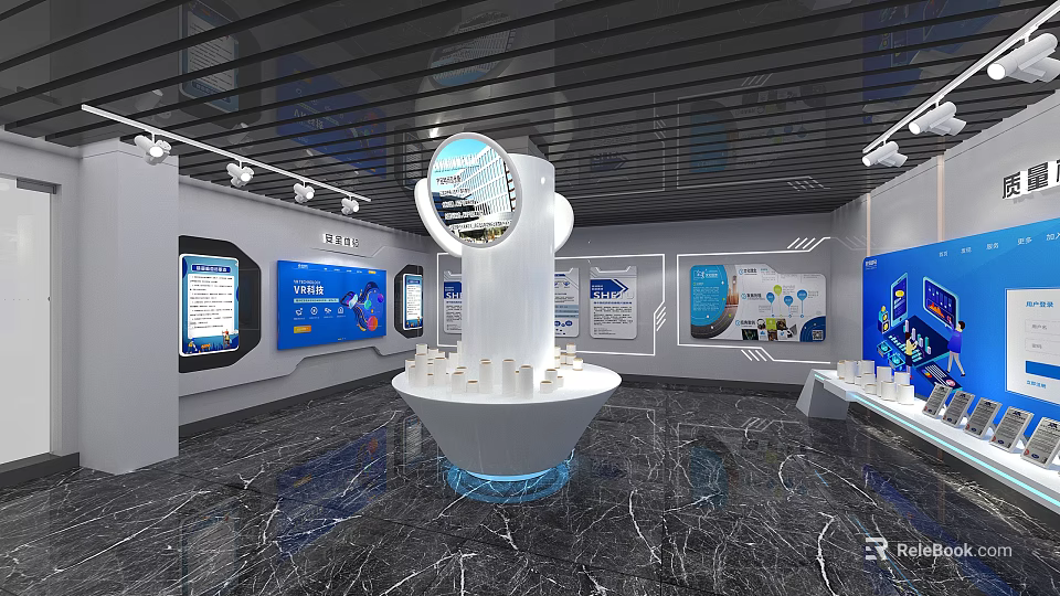 Modern Tech Exhibition Hall With White Central Installation And Blue Display Panels 3d model