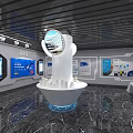 Modern Tech Exhibition Hall With White Central Installation And Blue Display Panels 3d model
