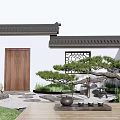 Chinese Style Courtyard Garden With Black Tiled Roof Wooden Door Lattice Window And Pine Tree