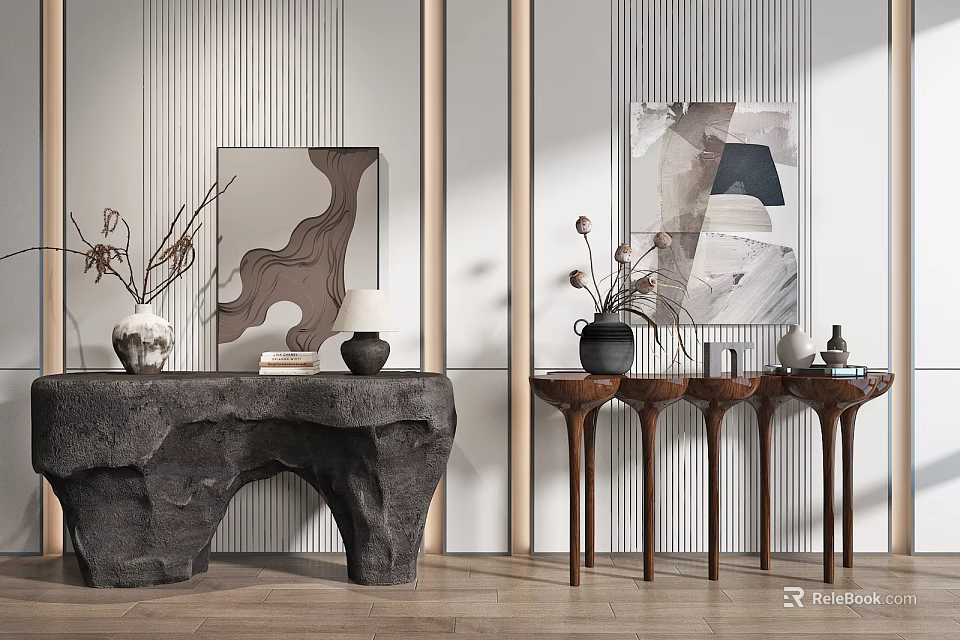 Stone Console Table Interior With Wooden Side Tables Vases Lamp And Decorative Paintings 3d model 