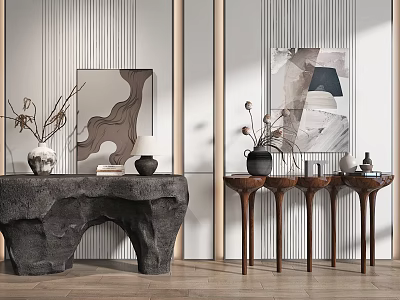Stone Console Table Interior With Wooden Side Tables Vases Lamp And Decorative Paintings 3d model