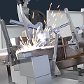 Industrial Robotic Arm Welding Metal Components With Sparks In Factory Setting