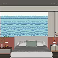 Elegant Bedroom Bed Background Wall With Blue Wavy Pattern Soft Pink Walls And Decorative Pillows