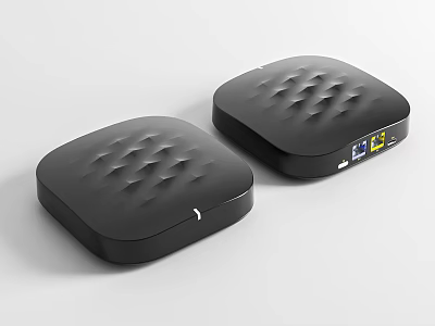 Two Black Square Computer Network Devices With Textured Surface And LED Indicators 3d model
