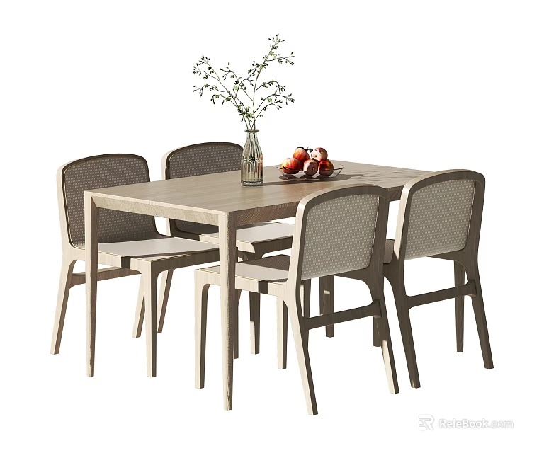Modern Light Dining Table Set with Four Chairs Vase Green Plants and Fruit Plate 3d model