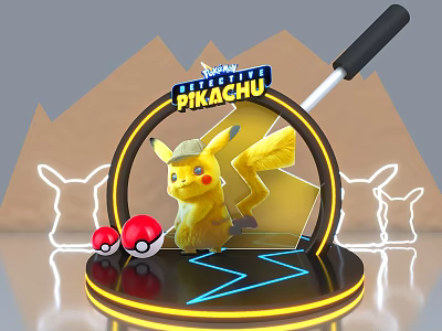 Pokémon Detective Pikachu Photo Spot with Pikachu Figure Poké Balls and Neon Ring Stand 3d model