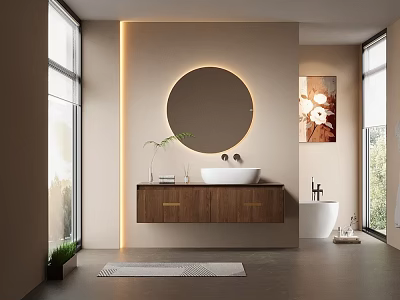Modern Bathroom Interior With Round Backlit Mirror White Sink And Wooden Bathroom Cabinet 3d model