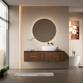 Modern Bathroom Interior With Round Backlit Mirror White Sink And Wooden Bathroom Cabinet