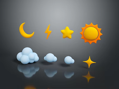3D Weather Symbol Sculpture Carvings Featuring Crescent Moon Lightning Star Sun Clouds With Reflections 3d model
