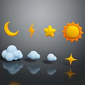 3D Weather Symbol Sculpture Carvings Featuring Crescent Moon Lightning Star Sun Clouds With Reflections