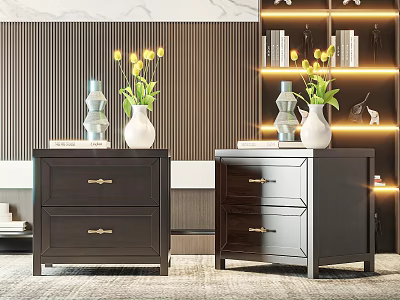 Dark Wood Bedside Tables with Vases Flowers and Books in Modern Bedroom with Bookshelves Lighting 3d model