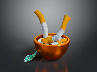 Orange Bowl With Yellow Cigarettes And White Filters Plus Cigarette Pack Label 3d model