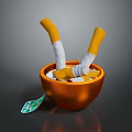 Orange Bowl With Yellow Cigarettes And White Filters Plus Cigarette Pack Label