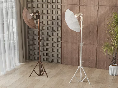Brown and White Floor Lamps with Tripod Bases in Interior with Textured and Wooden Walls 3d model