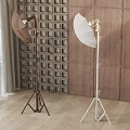 Brown and White Floor Lamps with Tripod Bases in Interior with Textured and Wooden Walls