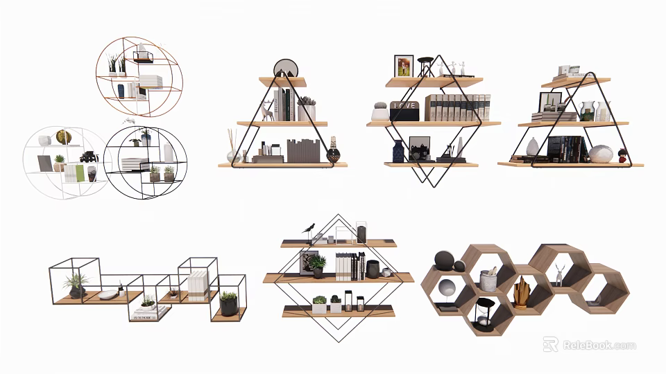 Various Wall Mounted Shelves And Cabinets With Wooden Metal Designs For Home Storage Decor 3d model 