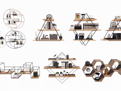 Various Wall Mounted Shelves And Cabinets With Wooden Metal Designs For Home Storage Decor 3d model
