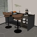 Modern Bar Counter With Black Countertop Beige Brown Stools Fruits Wine Glasses And Glass Cabinet