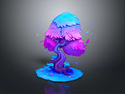 Fantasy Tree with Blue Purple Gradient Canopy Purple Trunk and Falling Petals on Blue Base 3d model