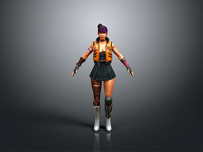 Game Movie Character With Purple Hair Orange Vest Black Skirt And White Boots Knee Pads 3d model