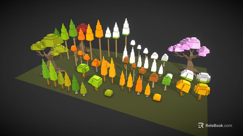Colorful Low Poly Cartoon Scene With Various Colored Trees And Small Geometric Structures 3d model