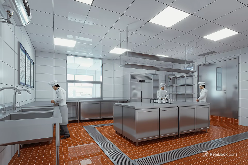 Commercial Kitchen Stainless Steel Tableware Set With Chefs Working On Tile Floor And Windows 3d model 