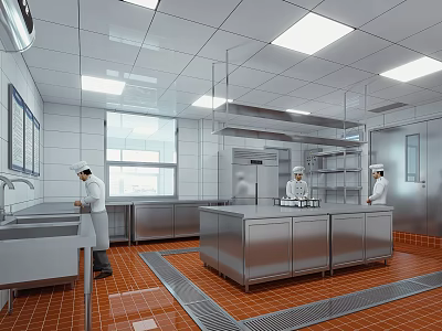 Commercial Kitchen Stainless Steel Tableware Set With Chefs Working On Tile Floor And Windows 3d model