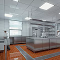 Commercial Kitchen Stainless Steel Tableware Set With Chefs Working On Tile Floor And Windows