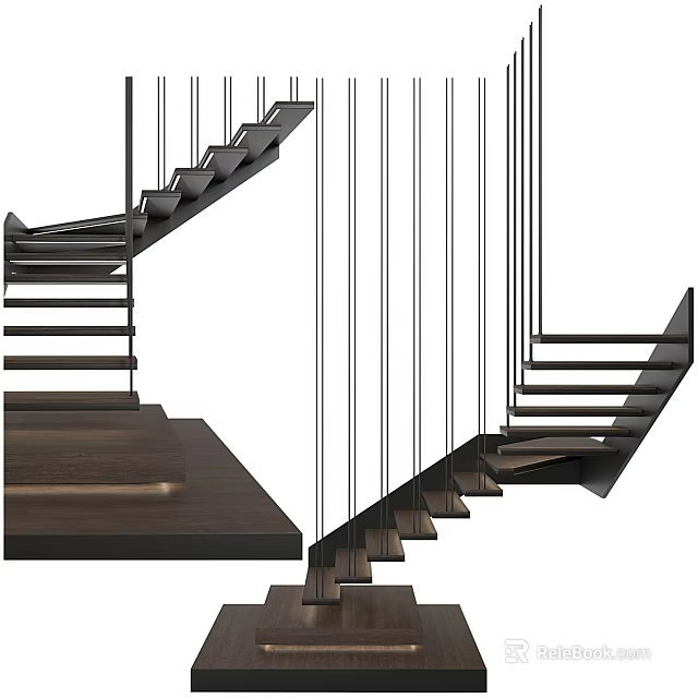 Modern Staircase Design With Floating Dark Wooden Treads And Metal Cable Railings 3d model 
