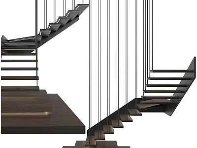 Modern Staircase Design With Floating Dark Wooden Treads And Metal Cable Railings 3d model