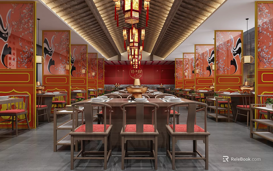 Traditional Chinese Hotpot Restaurant Interior With Red Walls Wooden Tables And Hanging Lanterns 3d model 