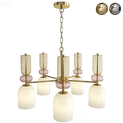 Elegant Modern Golden Frame Chandelier With Pink White Glass Shades And Multiple Arms 3d model