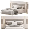 Elegant Modern Double Bed With Beige Upholstered Headboard Gold Trim Multiple Pillows And Striped Blanket