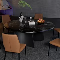 Modern Dining Room Interior With Round Table Brown Leather Chairs Pendant Lights And Gray Rug