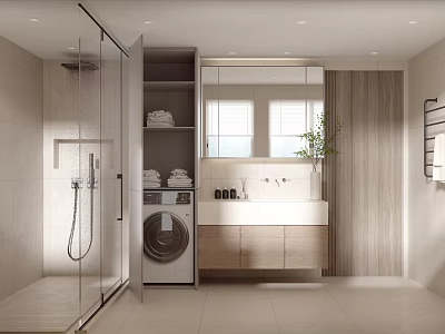 Modern Bathroom Interior With Glass Shower Partition Washing Machine Vanity Mirror And Storage Cabinets 3d model