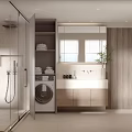 Modern Bathroom Interior With Glass Shower Partition Washing Machine Vanity Mirror And Storage Cabinets