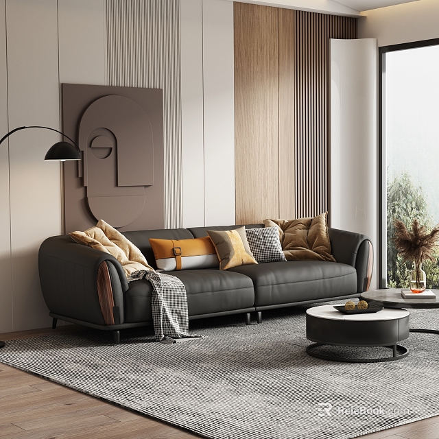 Modern Two-Seater Leather Sofa With Decorative Pillows Floor Lamp Wooden Wall Round Coffee Table Rug 3d model 