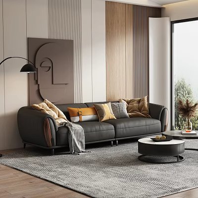 Modern Two-Seater Leather Sofa With Decorative Pillows Floor Lamp Wooden Wall Round Coffee Table Rug 3d model