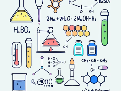 Chemistry Themed Wall Decor with Beaker Test Tube Thermometer Molecular Structure and Chemical Formulas 3d model