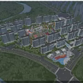 Aerial View of Residential Master Plan with High-Rise Buildings Green Spaces Swimming Pools and River