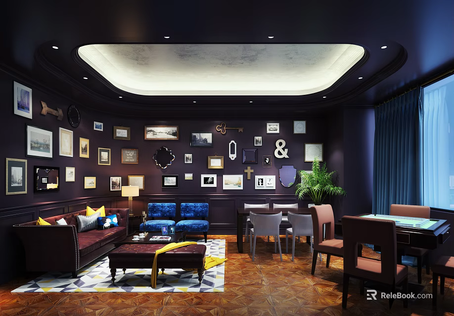Hotel Mahjong Room Dark Interior With Decorative Paintings Clocks Sofa Tables And Plants 3d model 