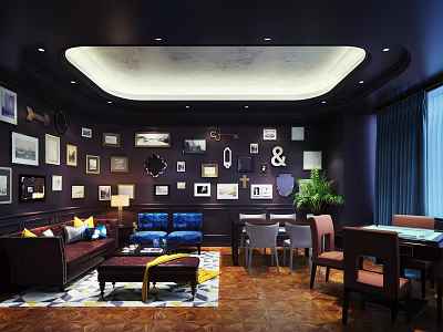 Hotel Mahjong Room Dark Interior With Decorative Paintings Clocks Sofa Tables And Plants 3d model