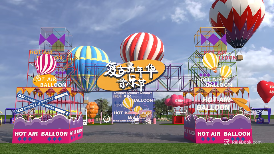 Vibrant Youth Hot Air Balloon Festival Featuring Colorful Balloons And Decorative Arches 3d model 