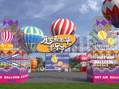 Vibrant Youth Hot Air Balloon Festival Featuring Colorful Balloons And Decorative Arches 3d model