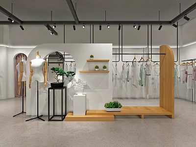 Modern Clothing Store Interior With Fashion Apparel Hanging Racks Mannequins Wooden Shelves And Plants 3d model