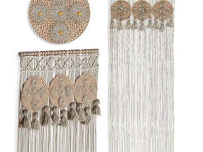 Woven Wall Decor with Circular Patterns Tassels and Fringe in Beige Gray Tones 3d model