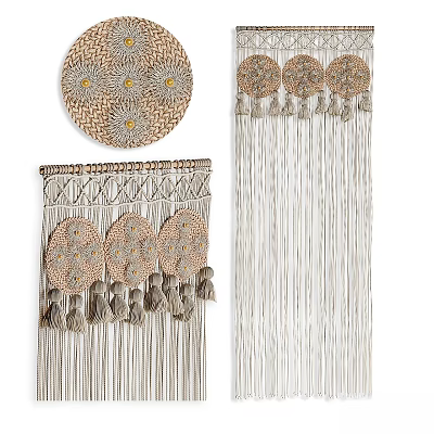 Woven Wall Decor with Circular Patterns Tassels and Fringe in Beige Gray Tones 3d model