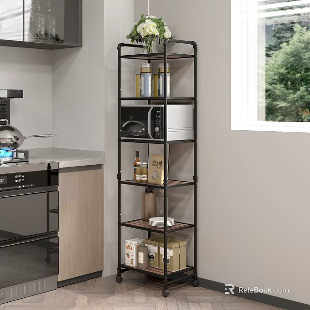 Multi tier Metal and Wood Kitchen Storage Shelf with Microwave Spices and Supplies 3d model 